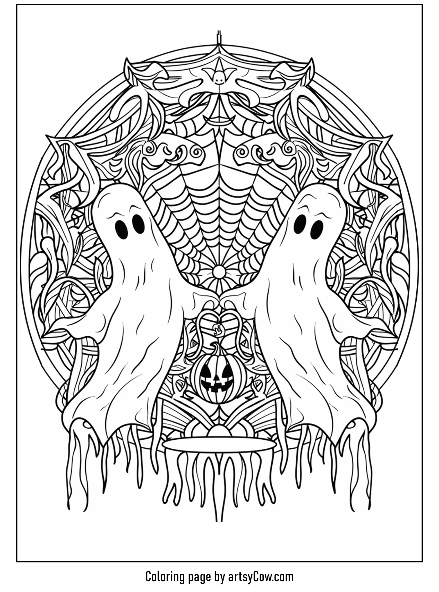 halloween ghost mandala, featuring two friendly ghosts floating above a mandala adorned with a pumpkin, intricate webs, and star elements.